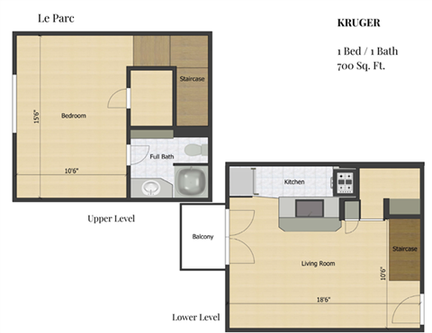 Floor plan for 1 bed, 1 bath, 700 sqft