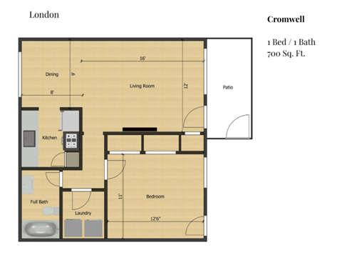 Floor plan for 1 bed, 1 bath, 700 sqft