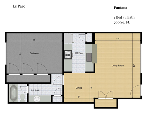 Floor plan for 1 bed, 1 bath, 700 sqft