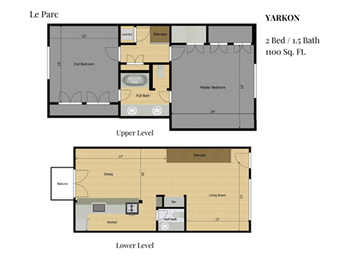 Floor plan for 2 beds, 1.5 baths, 1100 sqft