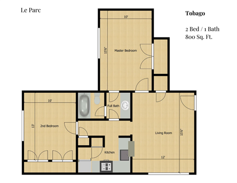 Floor plan for 2 beds, 2.5 baths, 800 sqft
