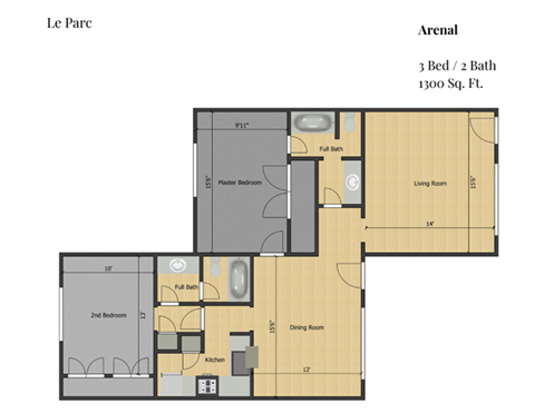 Floor plan for 3 beds, 2 baths, 1300 sqft