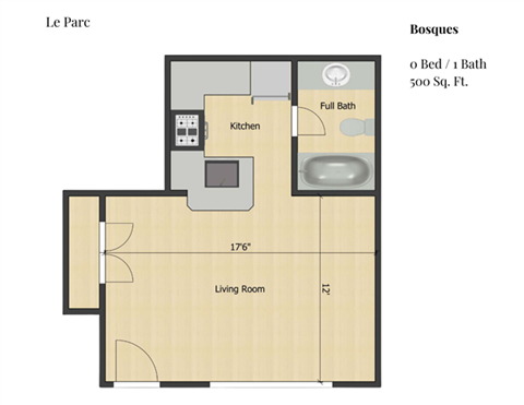 Floor plan for studio, 1 bath, 500 sqft
