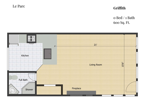 Floor plan for studio, 1 bath, 600 sqft