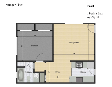 Floor plan for 1 bed, 1 bath, 650 sqft
