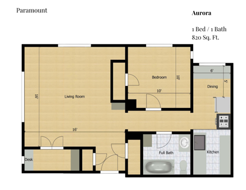 Floor plan for 1 bed, 1 bath, 850 sqft