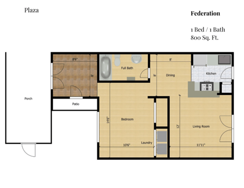 Floor plan for 1 bed, 1 bath, 800 sqft