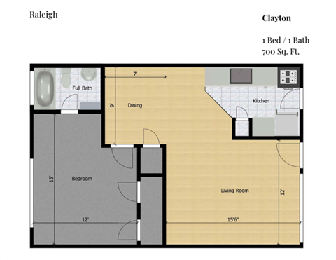 Floor plan for 1 bed, 1 bath, 850 sqft
