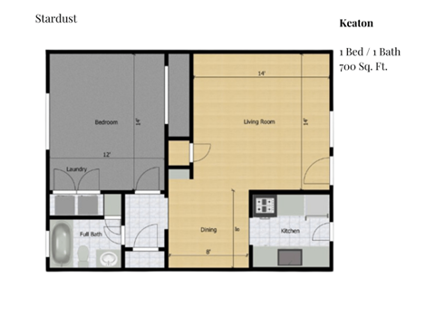 Floor plan for 1 bed, 1 bath, 700 sqft