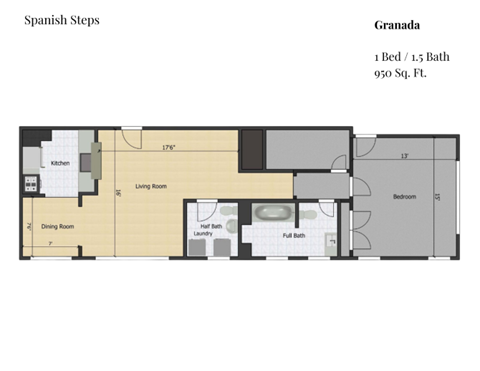 Floor plan for 1 bed, 1 bath, 950 sqft