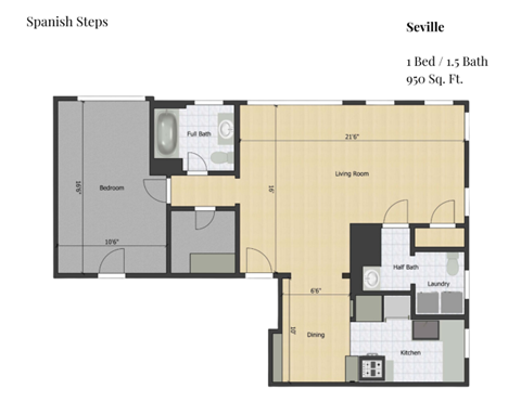 Floor plan for 1 bed, 1 bath, 950 sqft