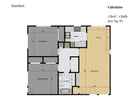 Floor plan for 1 bed, 1.5 baths, 900 sqft