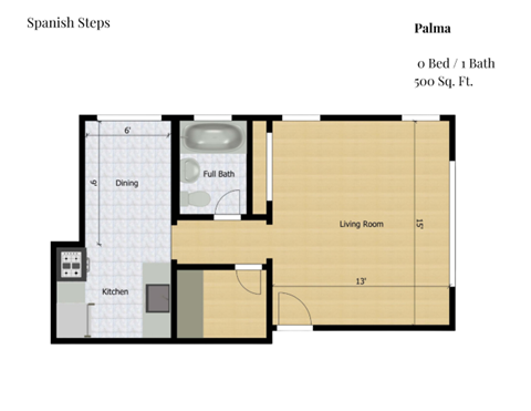 Floor plan for studio, 1 bath, 500 sqft
