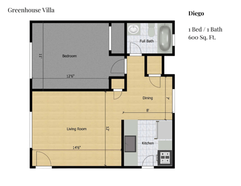 Floor plan for 1 bed, 1 bath, 600 sqft