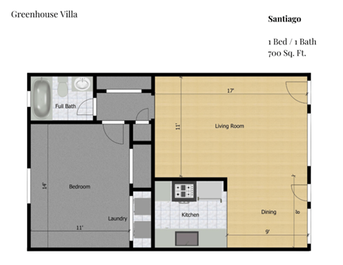 Floor plan for 1 bed, 1 bath, 700 sqft