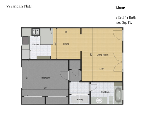 Floor plan for 1 bed, 1 bath, 700 sqft