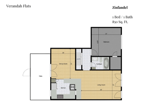 Floor plan for 1 bed, 1 bath, 850 sqft