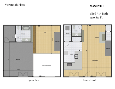 Floor plan for 1 bed, 1.5 baths, 1250 sqft