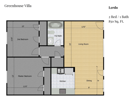 Floor plan for 2 beds, 2 baths, 850 sqft