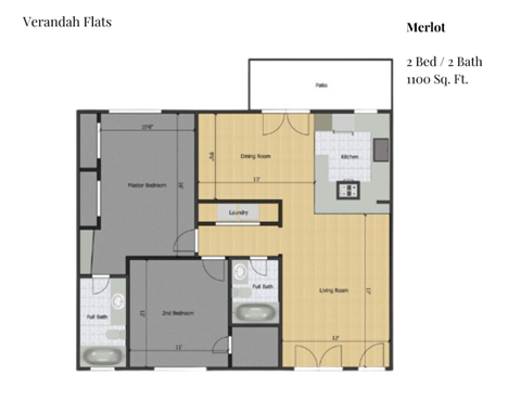 Floor plan for 2 beds, 2 baths, 1100 sqft