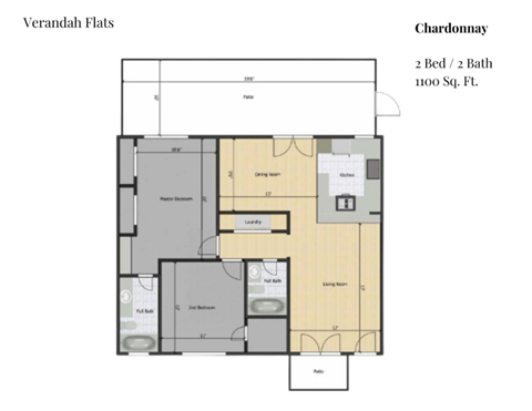Floor plan for 2 beds, 2 baths, 1100 sqft