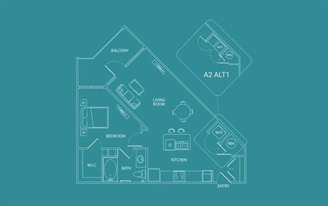 Floor plan for 1 bed, 1 bath, 749 sqft