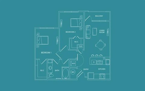 Floor plan for 2 beds, 1 bath, 900 sqft