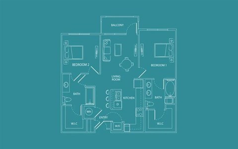 Floor plan for 2 beds, 2 baths, 988 sqft
