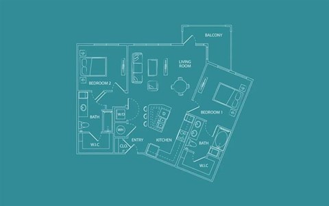 Floor plan for 2 beds, 2 baths, 1097 sqft