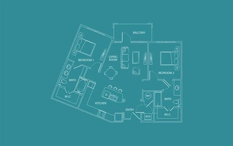 Floor plan for 2 beds, 2 baths, 1101 sqft