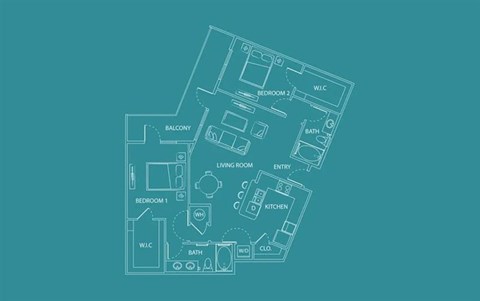 Floor plan for 2 beds, 2 baths, 1215 sqft
