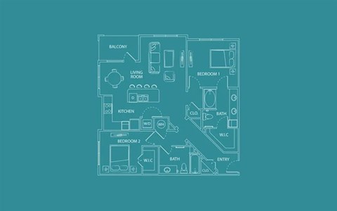 Floor plan for 2 beds, 2 baths, 1235 sqft