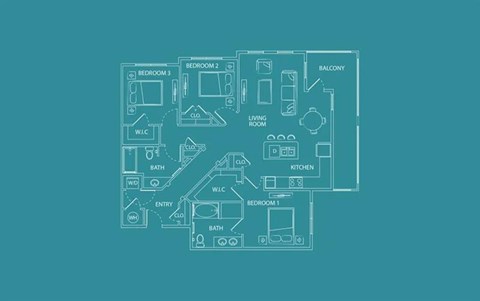 Floor plan for 3 beds, 2 baths, 1405 sqft