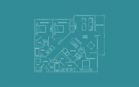 Floor plan for 3 beds, 2 baths, 1374 sqft