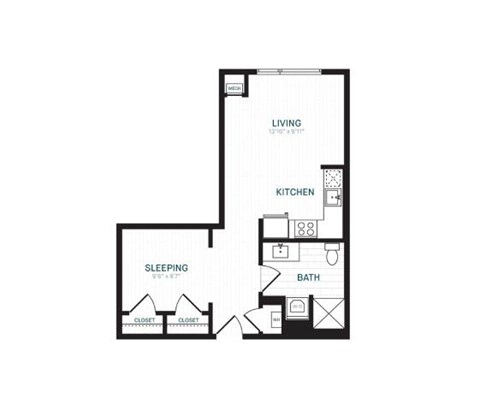 Floor plan for studio, 1 bath, 583 sqft
