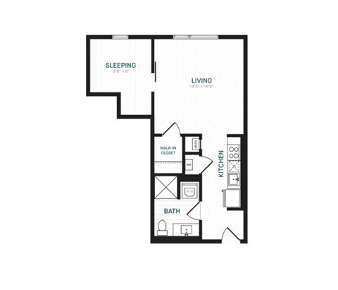 Floor plan for studio, 1 bath, 612 sqft