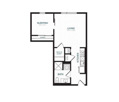 Floor plan for studio, 1 bath, 630 sqft