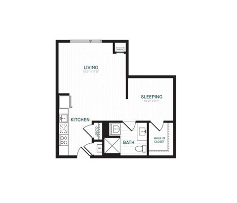 Floor plan for studio, 1 bath, 622 sqft
