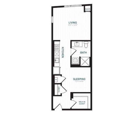 Floor plan for studio, 1 bath, 635 sqft