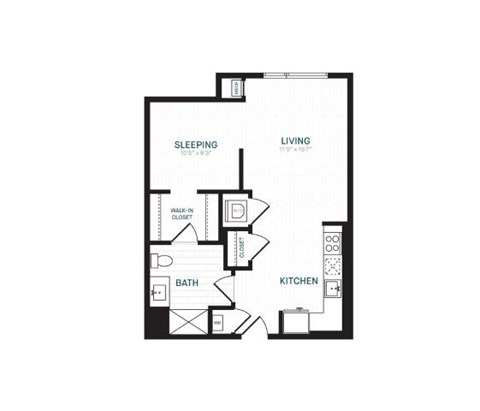 Floor plan for studio, 1 bath, 657 sqft