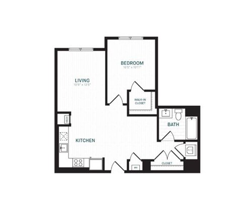 Floor plan for 1 bed, 1 bath, 784 sqft