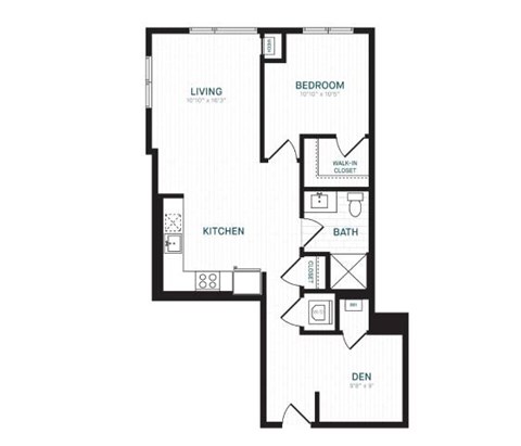 Floor plan for 1 bed, 1 bath, 842 sqft