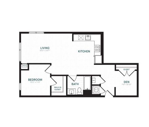 Floor plan for 1 bed, 1 bath, 868 sqft