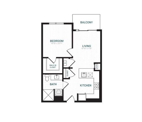 Floor plan for 1 bed, 1 bath, 653 sqft