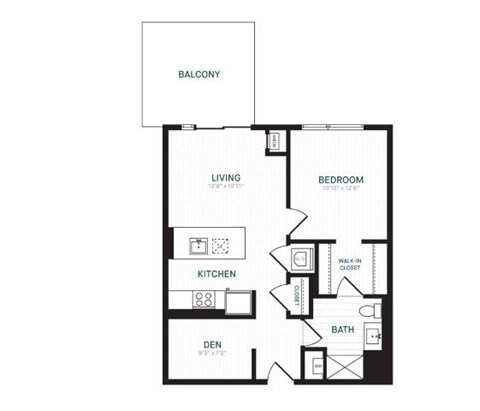 Floor plan for 1 bed, 1 bath, 769 sqft