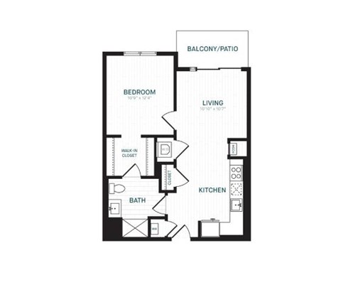 Floor plan for 1 bed, 1 bath, 679 sqft