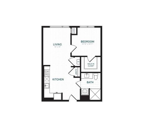 Floor plan for 1 bed, 1 bath, 627 sqft