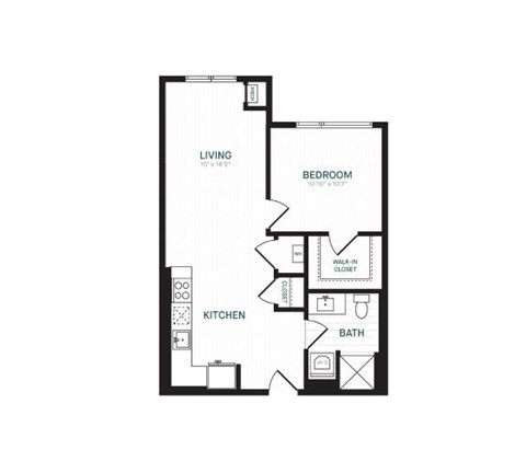 Floor plan for 1 bed, 1 bath, 681 sqft