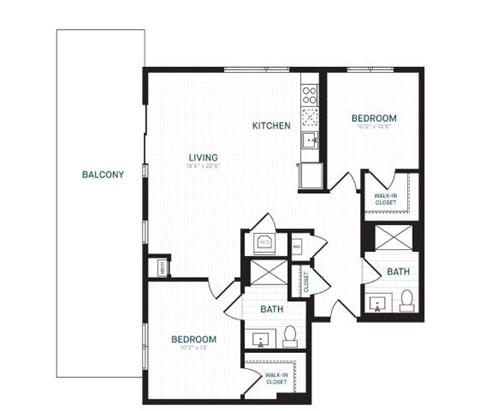 Floor plan for 2 beds, 2 baths, 1045 sqft