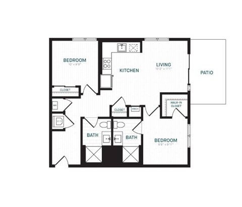 Floor plan for 2 beds, 2 baths, 884 sqft